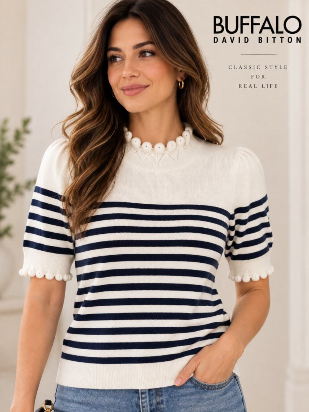 NWT Buffalo David Bitton Striped Knit Sweater Ivory Navy Scalloped Trim S